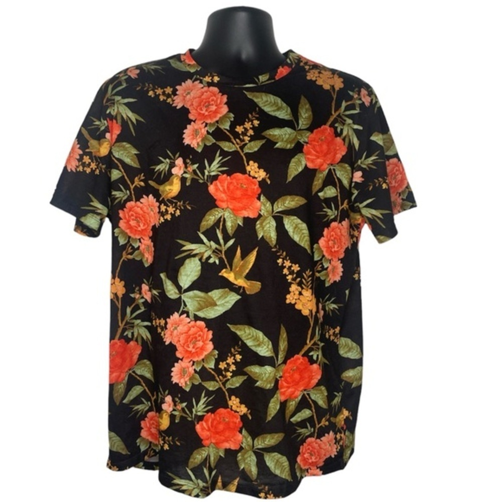 Forever 21 Classic Floral Print Short Sleeve Shirt (Size:L, Color:Black/Multi)